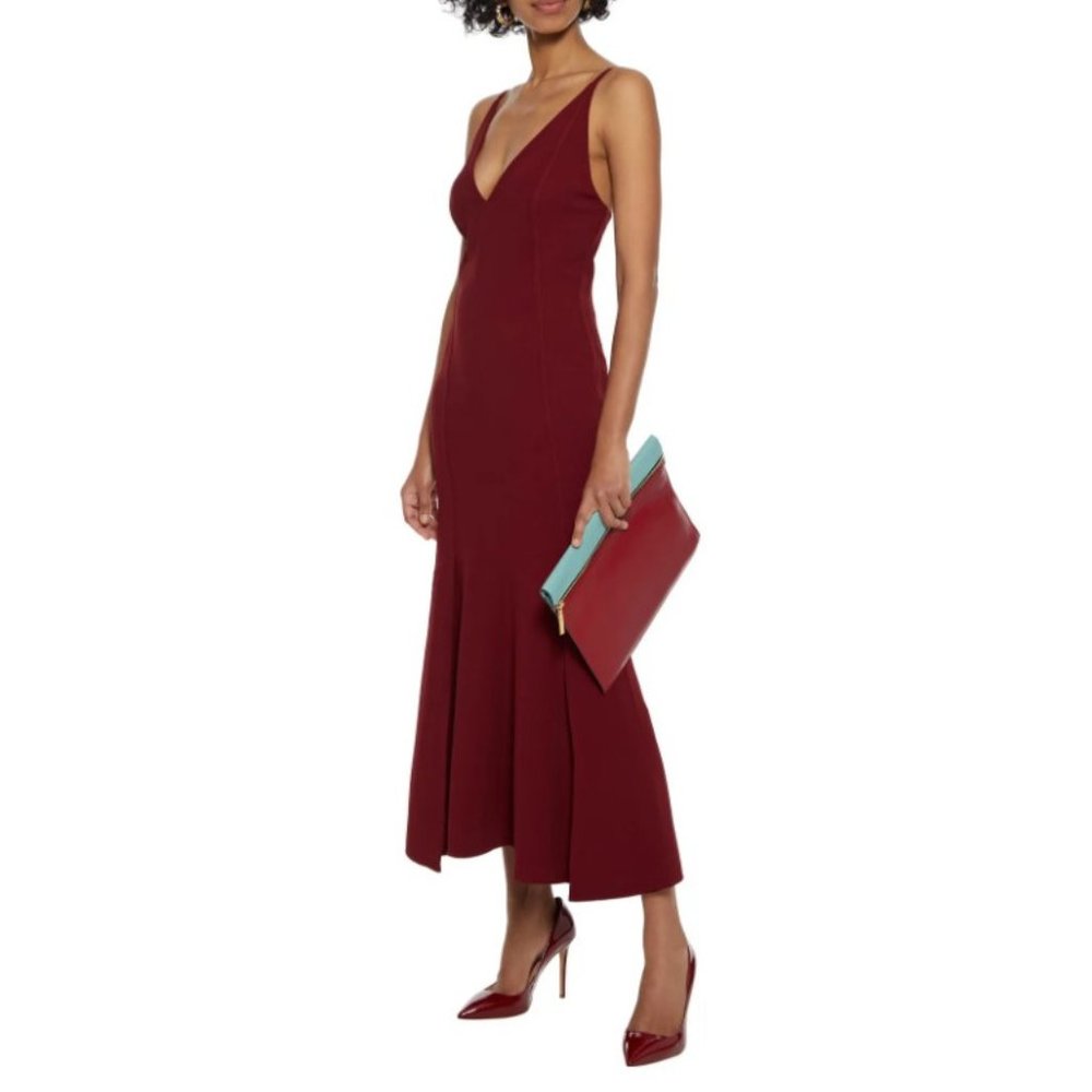 NWT $1600 VICTORIA BECKHAM CADY CREPE FLUTED PLEATED MIDI DRESS IN BORDEAUX SZ 4